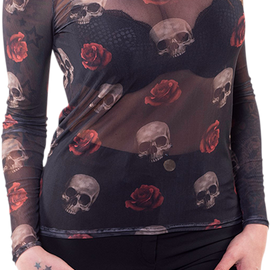 Women's Floating Skulls Long-Sleeve Sheer Shirt - Black - Medium