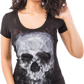 Women's Skull Couple Burn Out Scoop Neck T-Shirt - Black - Small