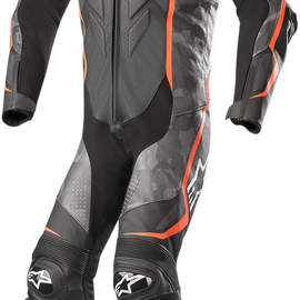 GP Plus v2 Camo 1-Piece Leather Suit - Black/Charcoal/Red Fluorescent - US 44 / EU 54